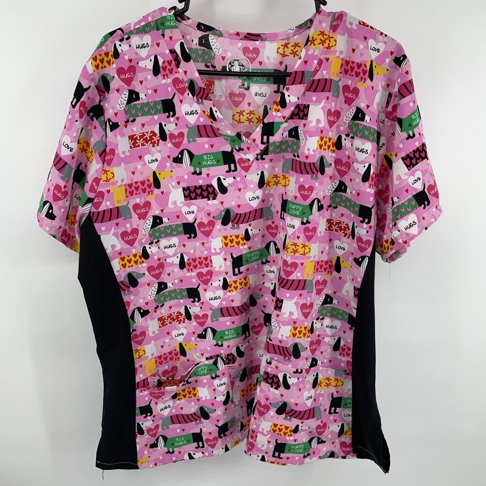 Divine Stretch Women’s 2X Scrub Top Valentine Wiener Dog Dachshund Pink